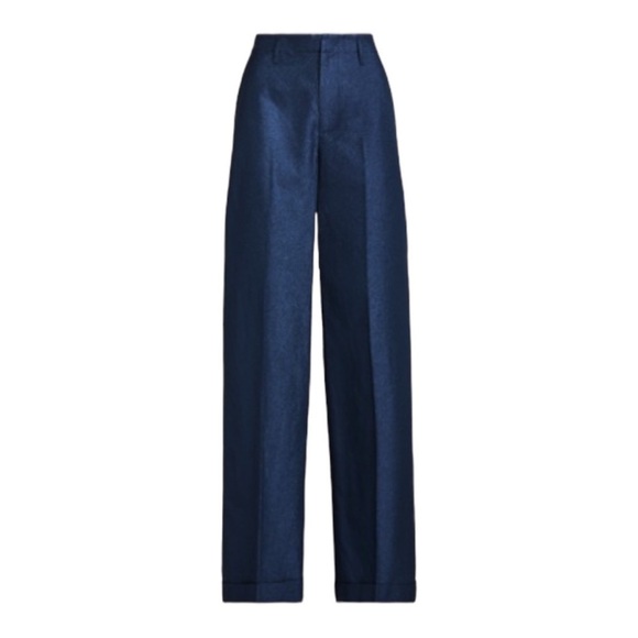 Polo Ralph Lauren Metallic Thread Wide Leg Cuffed Trouser Pants Navy 12 - Picture 10 of 10